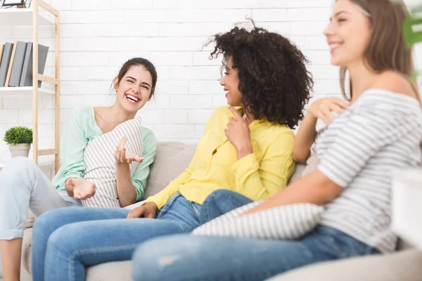 Amigos felizes conversando em casa, tendo conversa amigável — Fotografia de Stock