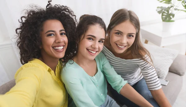 Diverse friends enjoing time together, taking selfie — Stock Photo, Image