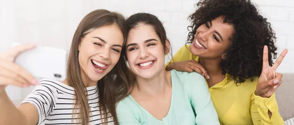 Gärna kvinnliga vänner tar selfie, ordnade sin tid tillsammans — Stockfoto