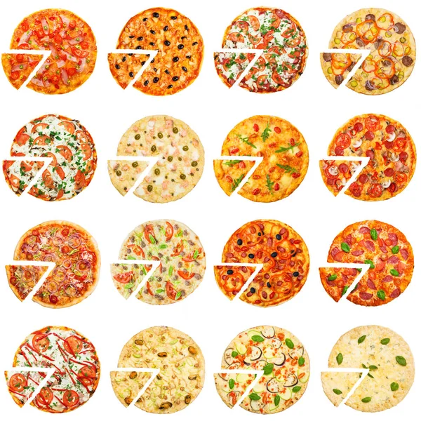 Ensemble de pizzas différentes, vue sur le dessus — Photo