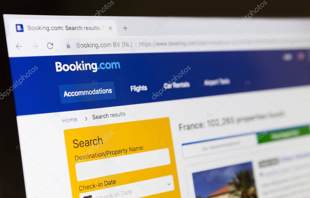 Kharkiv, Ukraine - December 11, 2018 - Search results page of Booking.com web site on computer screen