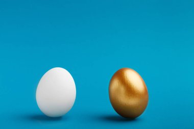 White and golden eggs on blue background, copy space clipart