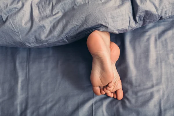 女性美丽的脚在毯子之下在床上 — 图库照片