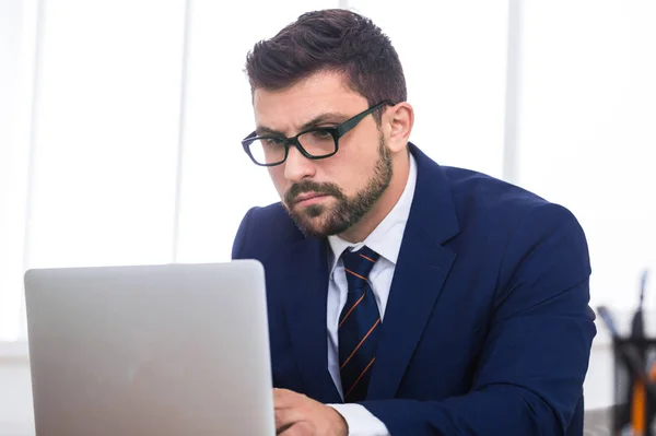 Uitvoerend bezig met laptop, surfen op internet in kantoor — Stockfoto