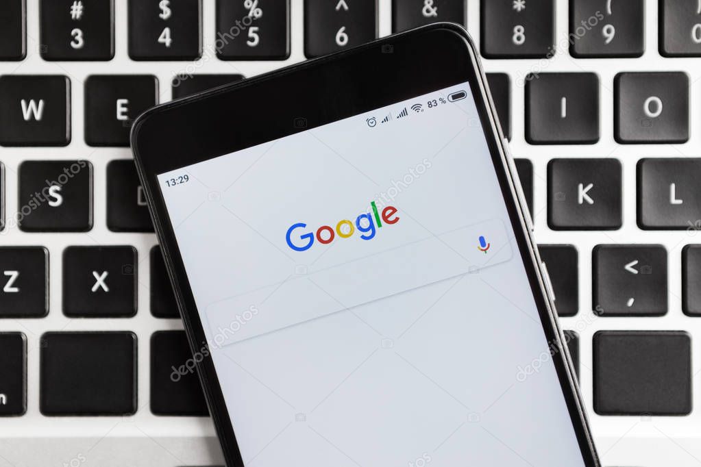 Kharkiv, Ukraine - December 11, 2018: Google logo and search bar on iPhone screen. Google is the most used search engine on World Wide Web