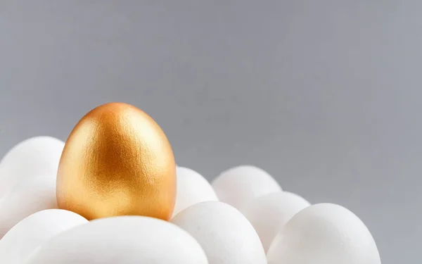 One golden egg among white eggs on gray background.