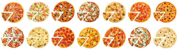 Sisteen Diferentes Pizzas Definidas Fundo Branco Vista Superior — Fotografia de Stock