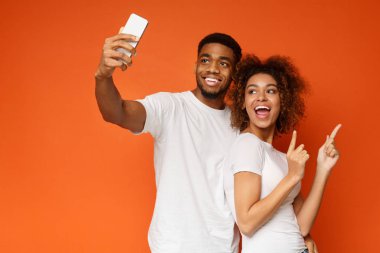 Mutlu Afro-Amerikan erkek ve kadın selfie yapma