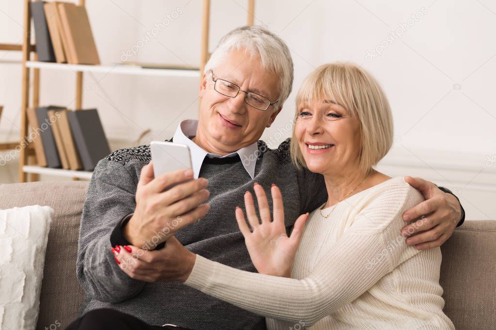 Senior couple making video call from smartphone