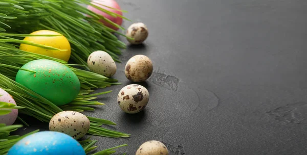 Kreativer Osterhintergrund mit bunten und Wachteleiern — Stockfoto