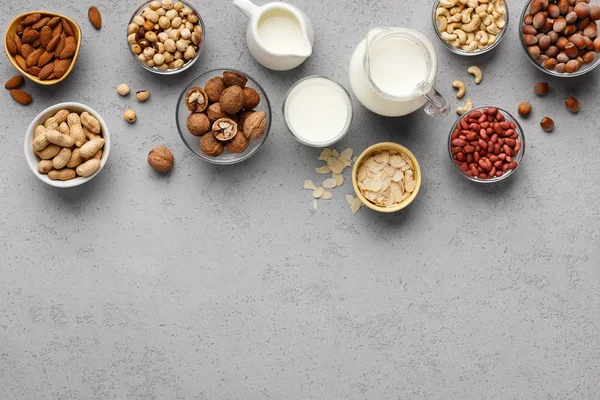 Vegan alternative nut milk concept,top view, copy space — Stock Photo, Image