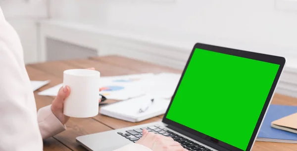 Millennial woman working on laptop with blank green screen