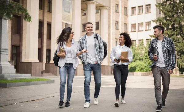 Wielonarodowa grupa studentów chodzenie ze sobą — Zdjęcie stockowe