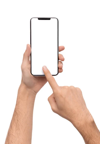 Мужская рука с чистым сенсорным экраном смартфона — стоковое фото