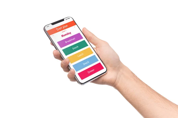 携帯電話の画面を白で隔離にダイエット計画アプリケーション — ストック写真