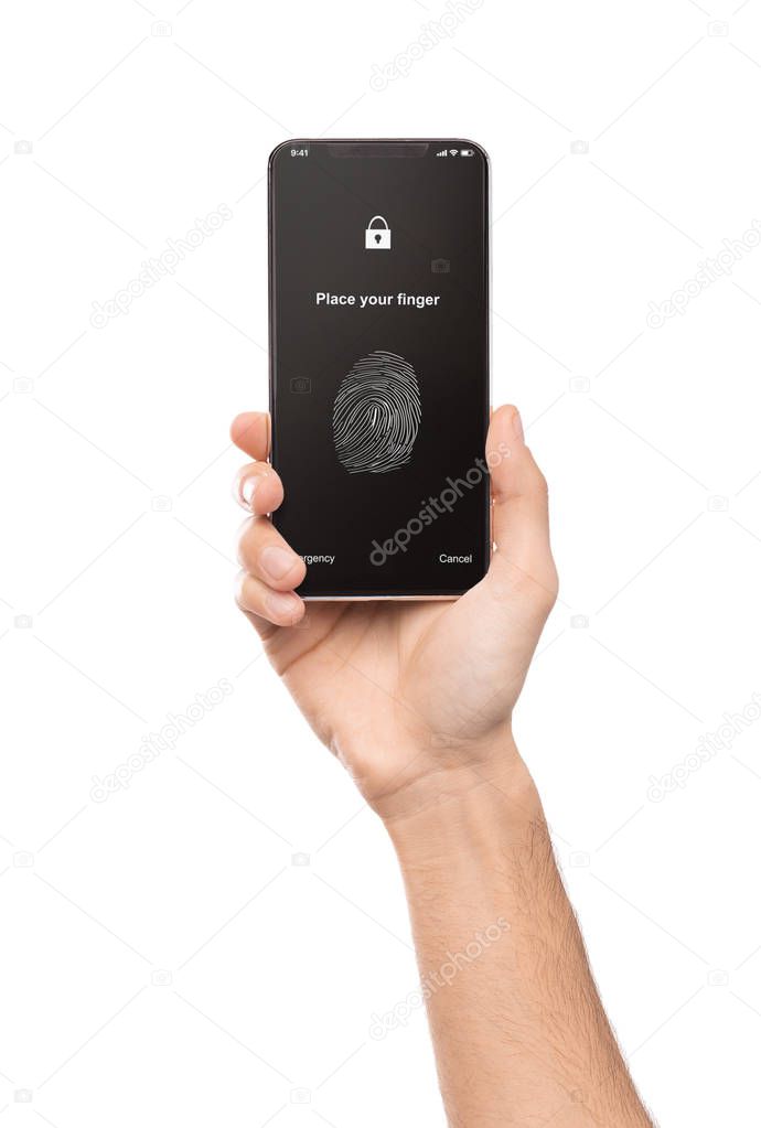 Hand holding mobile phone with application for scanning fingerprint