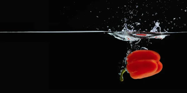 Colored orange paprika in water splashes on black background — Stock Photo, Image