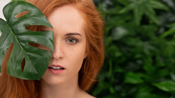 Retrato de mulher jovem e bonita em folhas tropicais — Fotografia de Stock