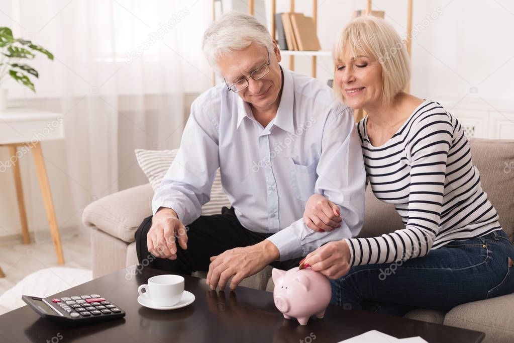 Elderly couple saving money in piggybank at home