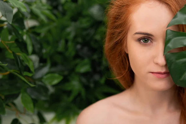 Portret van jonge en mooie vrouw in tropische bladeren — Stockfoto