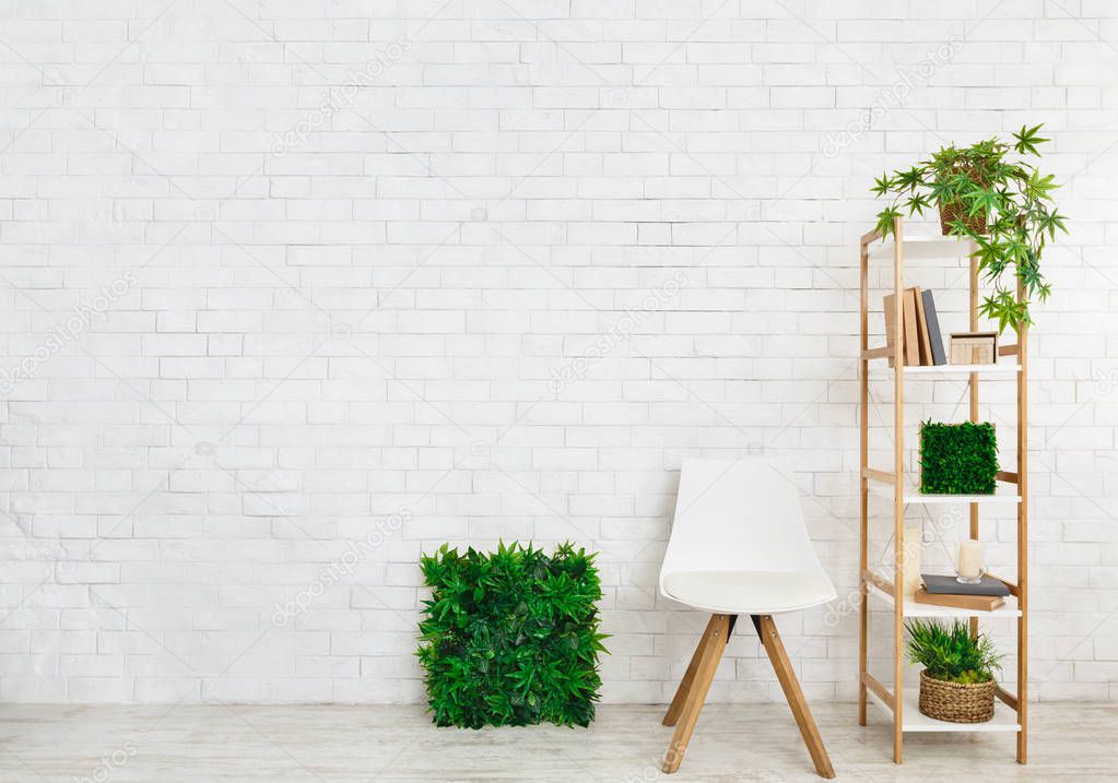 Shelving with house plants and chair in room, copy space