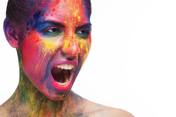 Screaming woman with unusual bright make-up on white — Stock Photo, Image