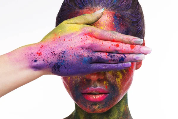 Fashion model woman with art makeup covering eyes — Stock Photo, Image