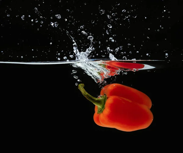 Colored orange paprika in water splashes on black background — Stock Photo, Image