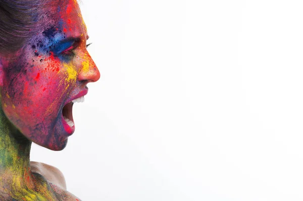 Screaming woman with unusual bright make-up on white — Stock Photo, Image