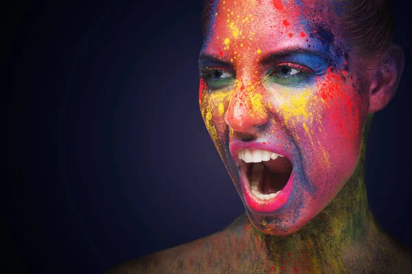 Screaming woman with unusual bright make-up on white — Stock Photo, Image