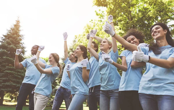 Groep gelukkig vrijwilligers vieren van succes omhoog in park — Stockfoto