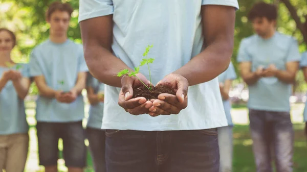 Un homme afro-américain tient une plante dans le sol — Photo