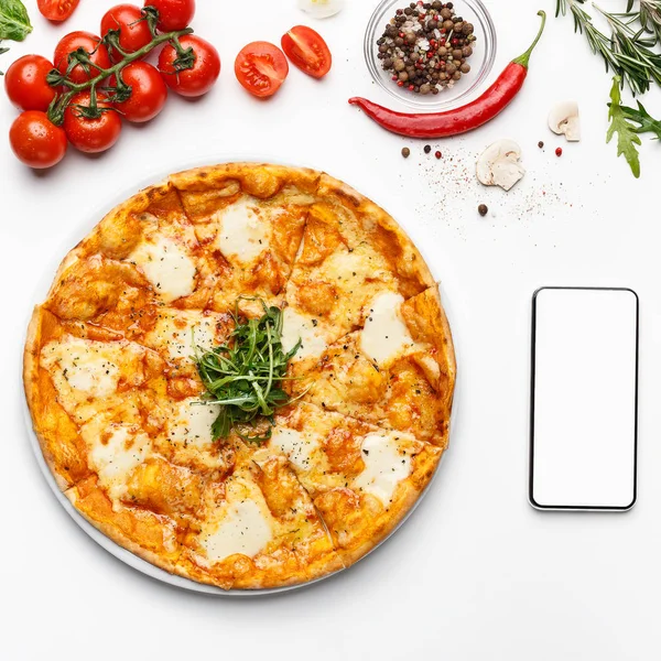 Pizza delivery. Order online with smartphone, top view