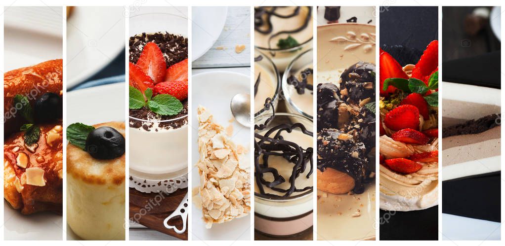 Collage of various delicious sweets and desserts