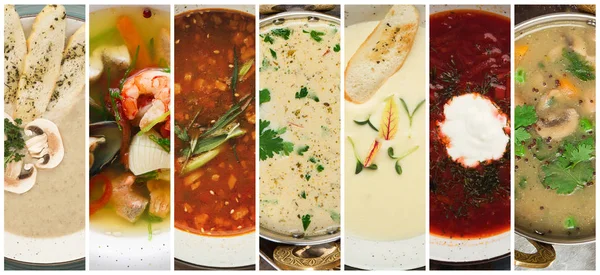 Collage de diferentes sopas. Restaurante comidas calientes — Foto de Stock