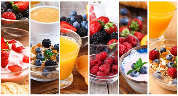 Collage of tasty oatmeal with fruits and berries — Stock Photo, Image