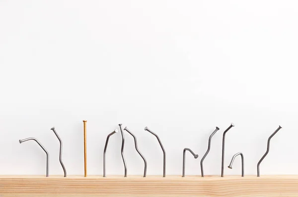 One golden nail among bent nails on white background. — Stock Photo, Image