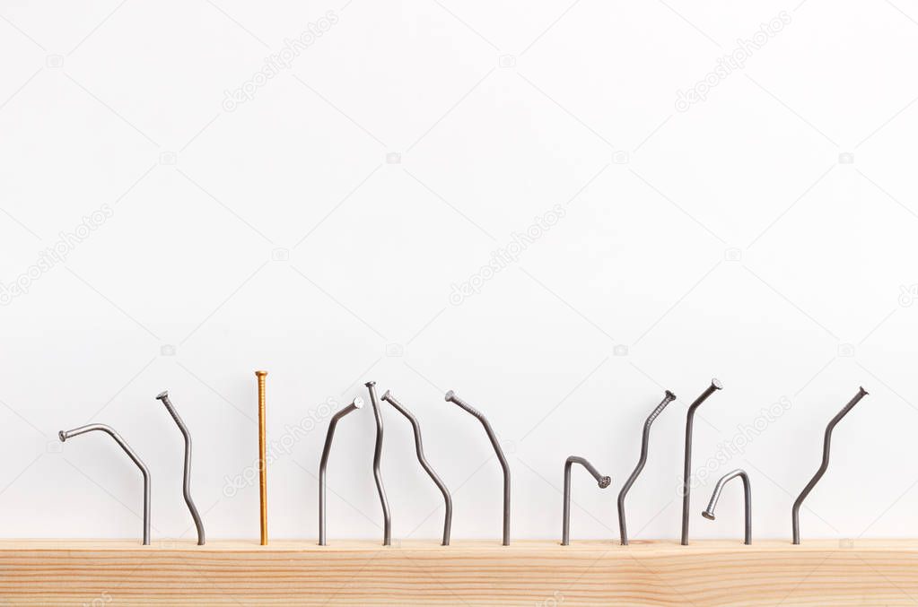 One golden nail among bent nails on white background.