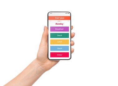 Diyet planı uygulama cep telefonu ekran üzerinde beyaz izole