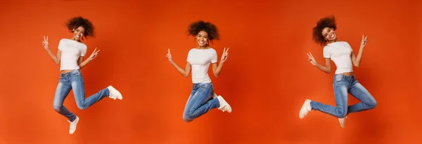 Collage van springen zwarte meisje op oranje — Stockfoto
