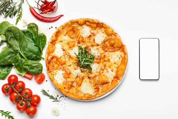 Pizza delivery. Order online with phone, top view