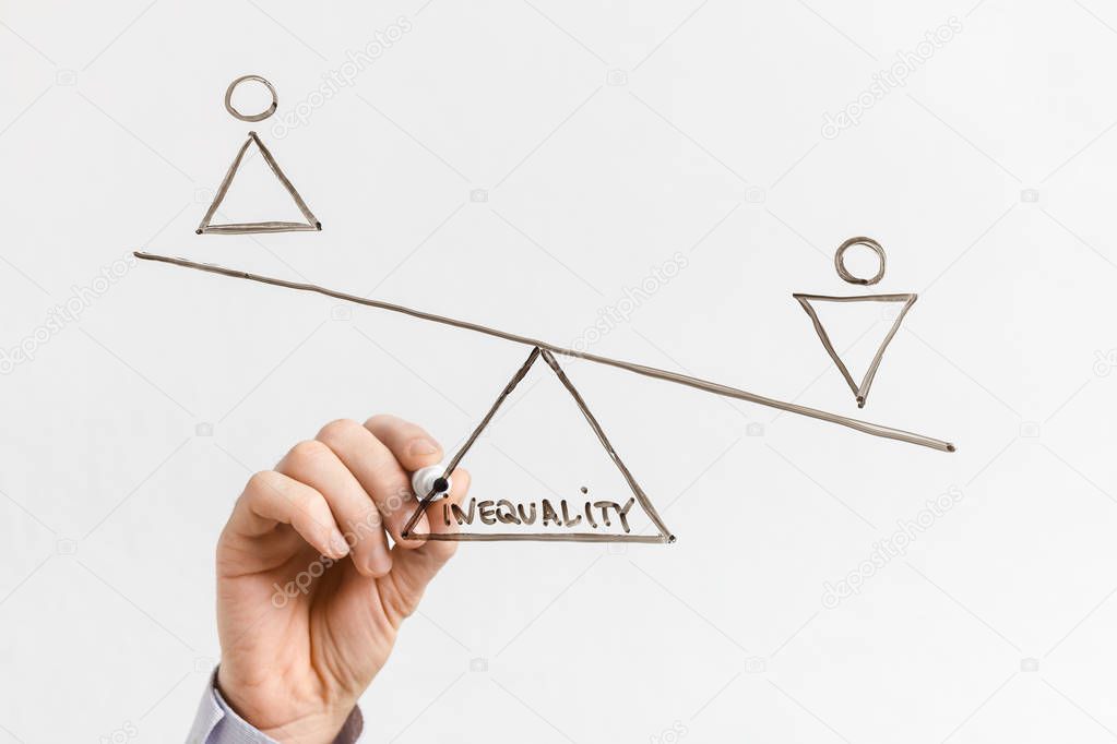 Man outweigh Woman on drawn scales, glassboard