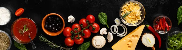 Pizza cooking ingredients, vegetables and cheese, top view — Stock Photo, Image