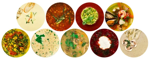 Collage de diferentes tipos de sopas — Foto de Stock