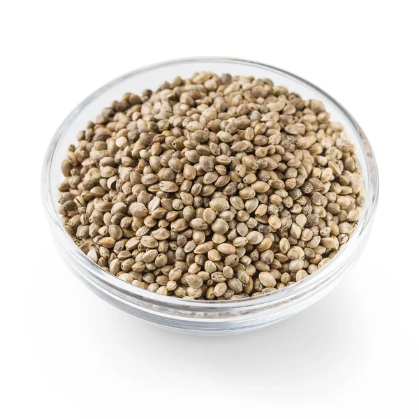 Bowl of hemp seeds isolated on white — Stock Photo, Image