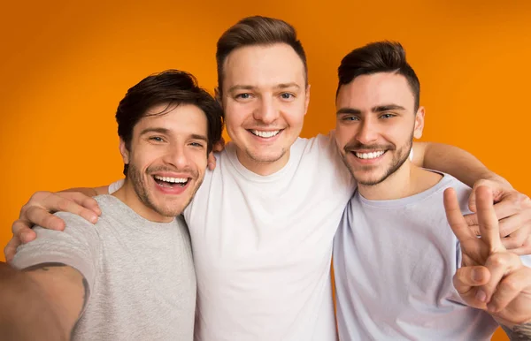 Portrait of cheerful guys making selfie, having fun — Stok Foto