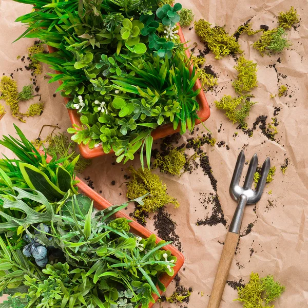 Садівництво граблів і штучних рослин у горщиках на рум'яному ремісничому папері — стокове фото