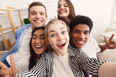 Peynir de. Heyecanlı arkadaşlar selfie, evde çekilen