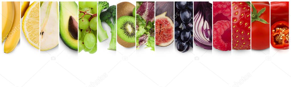 Rainbow colors collage of fresh organic fruits, berries and vegetables