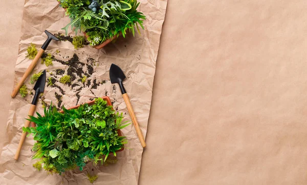 Zahradnické nástroje a umělé rostliny na řemeslných papírech — Stock fotografie